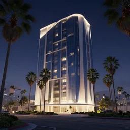 a large building surrounded by palm trees at night, Los Angeles, behance, modernism, playstation 5 screenshot, concept art, vray
