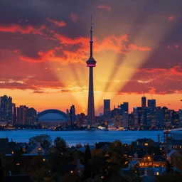 in toronto, canada, it's not long after sunset, and in the western sky, red and gold light pours on flaming red clouds, azure waters, and village lights, fairyland, dream, unreal engine, karlsimon, lloyd allan, artstation