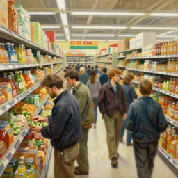 a crowded super market, highly detailed painting by gaston bussiere, craig mullins, j. c. leyendecker