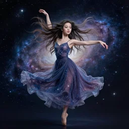 full - length portrait of a dancer made of a starry galaxy, with long flowing hair, with cute - fine - face, pretty face, realistic shaded perfect face, wearing a flowing sundress, fantasy, cinematic, fine details by realistic shaded lighting poster by ilya kuvshinov katsuhiro otomo, magali villeneuve, artgerm, jeremy lipkin and michael garmash and rob rey