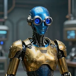 A portrait of a metalic blue humanoid android, with only eyes (looking like goggles with cyrillian blue), with gold plate armor on its torso, in an ancient, high tech lab, 8k 85mm lens, f/1.4