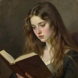 a girl reading a book, her hair flowing down, beautiful face, oil on canvas, artstation, by j. c. leyendecker and edmund blair leighton and charlie bowater, beautiful face, octane, very aesthetic!!!!!!!!!!!!!!! stunning gorgeous green eyes