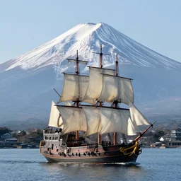 a color photograph of a ghost galleon ship sailing in a lake. mount fuji in the background. realistic. hq. photoreal.