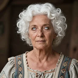a rustic woman wearing dress, detailed face, white curly hair, white pupils, by photograph