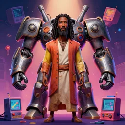 stylish caricature 3 d vfx drew struzan movie poster art of an african jesus, giant mecha & retro gaming consoles, art style by james jean & hsiao - ron cheng, unreal engine render, digital illustration, sharp, intricate detail, volumetric lighting, ray tracing, soft light, neon, claymation style, ernie barnes style, symmetry, acrylic on canvas, pinterest, art