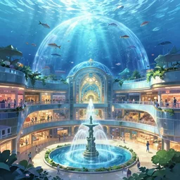 Multi-level Shopping mall in a bustling beautiful city on the sea floor in a glass dome, anime, fountain, statue, underwater, rapture, fish flying over head, godrays, a fantasy digital painting by Makoto Shinkai, trending on Artstation, highly detailed