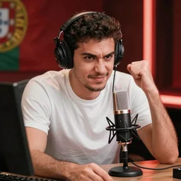handsome Portuguese male twitch streamer looking angrily at his expensive studio mic which isn't working, 4k