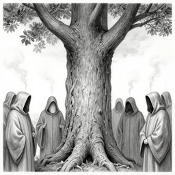 a high detail intricate drawing of a tree trunk with a sky in the background surrounded by hooded figures smoke billowing from their robes a circle is cut into the ground around them, a woodcut by jose clemente orozco, pixabay, modern european ink painting, woodcut, ultrafine detail, henry moore