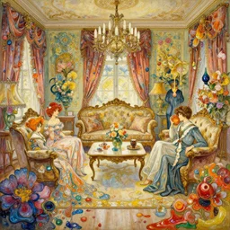 an intricate oil painting of a beautifull victorian livingroom surounded by hiper detailed inkdrop in water, flowers, fluid acrilic art, melting colorfull wax, coloful flower petals, colorfull, excelent composition, wide shot, by yoshitaka amano, by greg rutkowski, by alphonse mucha by jeremyg lipkinng, by rhads, by