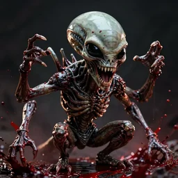 alien, big head, open mouth, horrifying, killer, skull looking, dramatic pose, blood splatters, 8 k, hyperrealistic, octane render, dramatic
