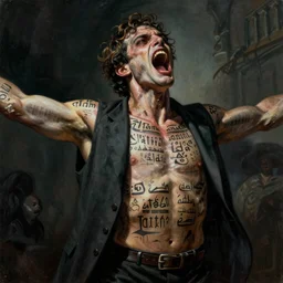 photorealistic image of a screaming man with his arms out, thamudic writing on his skin, wearing a 1 9 2 0 s suit, by richard corben, atmospheric lighting, dark, brooding, painted, intricate, ultra detailed, well composed, best on artstation, cgsociety, epic, horror, stunning, gorgeous, intricate detail, much wow, masterpiece, cinematic aesthetic octane render, 8 k hd resolution,