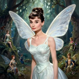 audrey hepburn as a winged fairy in a fantasy forest, various backgrounds, highly detailed, digital painting, artstation, matte, illustration, art by gaston bussiere, greg rutkowski, tom bagshaw