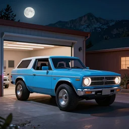 a cinematic keyframe matte painting of a sleek 1 9 7 0 s vaporwave concept vehicle retro - futurism sci - fi sky blue 2 0 2 4 ford bronco car in an open garage in the colorado, view from the street. in the moonlight. rocky mountains. by eric lafforgue, glennray tutor and edward hopper, greg rutkowski. trending on artstation.