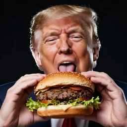 macro photo still of donald trump! licking! a burger with his! tongue! out, mmmmm, studio portrait photo, studio lighting, rim light, key light, food photography, 3 5 mm f 1. 8