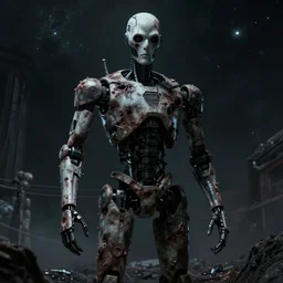 a disfigured android rising up against its master, cosmic portrait, creepy, dark color scheme