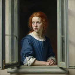 a window - lit realistic portrait painting of a thoughtful girl resembling a young, shy, redheaded alicia vikander or millie bobby brown wearing peasant clothes by an open window, highly detailed, intricate, concept art, artstation, by donato giancola, vermeer, and william bouguereau