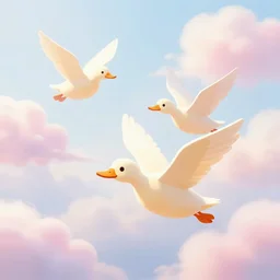 flying ducks, cotton candy clouds in background, soft lighting, bright environment, fog, nft - style art, cartoon, detailed, flat - art