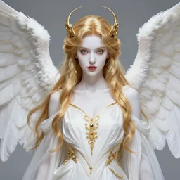 alluring angel in paradise portrait, white robes, golden accessories, facial features, golden hair, white skin, lipstick, symmetrical wings, high fantasy, extremely detailed, sharp focus, smooth, digital illustration, by rossdraws, franzzeta, artgerm