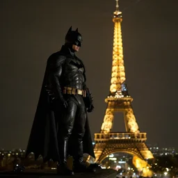 batman on top of the eiffel tower overlooking paris at night, 4 k, the dark knight ( 2 0 0 8 ), sharp focus, screencap, cinematic, film footage