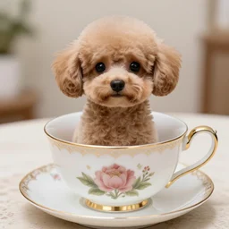 Cute poodle sitting inside a tea cup