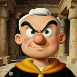 a closer personal portrait of popeye with very piercing eyes, very charismatic. in the old ancient temple of luxor. masterpiece, dark. painted by norman rockwell and james gurney