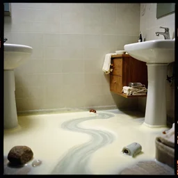 kodak portra 4 0 0 photographic and realistic, interior of a bathroom, detailed, octane render, unreal engine, 4 k, artstation, hyper realistic, wide angle, floor flooded with sour cream, river, objects that float, 3 5 mm, sharp focus, soft light, volumetric light, in the style of gregory crewdson