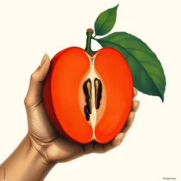 diagram of hand holding a large red fruit cut in half showing seeds, limited neutral palette, by pascal campion, petros afshar, anton fadeev, dean ellis, randolph stanley hewton, beautiful graphic, propaganda poster art 1 9 7 0 s illustrated advertising art, painterly design