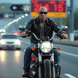 film still from the terminator dwayne the rock johnson as the terminator riding bike on the highway