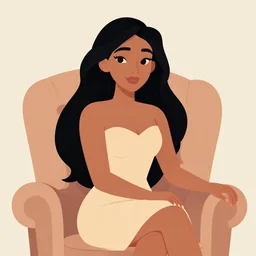 beautiful woman with long black hair, tan skin, hourglass figure, round face as a disney princess sitting in an armchair. clean cel shaded vector art. shutterstock. behance hd by lois van baarle, artgerm, helen huang, by makoto shinkai and ilya kuvshinov, rossdraws, illustration,