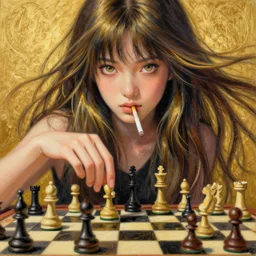 recursive image with a girl playing chess, large eyes, her long hair flowing, cigarette in her mouth, surreal, oil pastels and gold, in the style of katsuhiro otomo, modeled in poser, redshift render, uhd