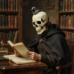 a man with a bird!! skull face mask wearing a cloak while studying in a magical library, oil painting, highly detailed, realism,