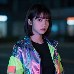 photo portrait of an Asian girl with sidecut hair wearing neon cyberpunk jacket, cinematic shot, night lighting, dslr bokeh depth of field