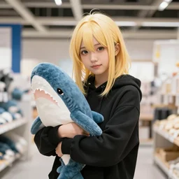 a blonde girl in a black hoodie holding a blahaj blue shark plush from ikea, anime style