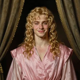 beautiful portrait painting of Viserys Targaryen with long curly blond hair, delicate young man wearing a wispy pink silk dress smiling sleepily at the viewer, symmetrically parted curtain bangs, in love by J.C Leyendecker and Norman Rockwell