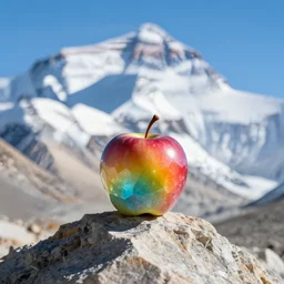 an apple made of rainbow crystal is sitting on the peak of mount everest, clear focus, bokeh effect, hasselblad, professional photo