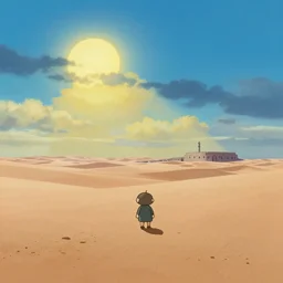 cute, dramatic sky, sun, empty sahara desert, morning, prison far away, gouache matte painting by pixar studio makoto shinkai subtle frazetta shinkai ghibli