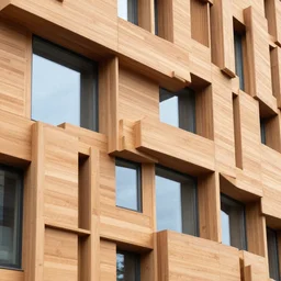 wooden biohillic facade with large gaps on glass windows close up view - w 1 0 8 0