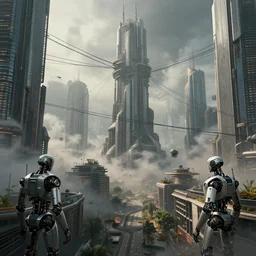 a dystopic future city, cables, robots, air pollution, post modern, award winning on artstation, trending on deviantart, high detail, photo - realistic, high definiton, ultra realistic, hyper realistic, 4 k uhd,