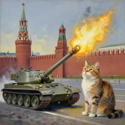 a ukrainian cat fires a tank at the kremlin by wojciech siudmak and jeff koons, oil on canvas