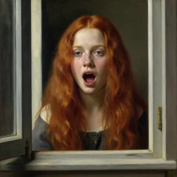 a window - lit realistic portrait painting of an open - mouthed girl resembling a young, shy, redheaded alicia vikander or millie bobby brown, lit by a window at the side, highly detailed, intricate, by leonardo davinci, bouguereau, and boticelli