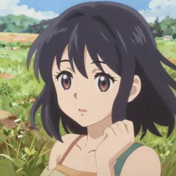 Painting of Velma Dinkley in the style of Violet Evergarden, anime style, winged eyelashes, countryside, calm, fantasy character portrait, dark outlines, dynamic pose, above view, sunny day, artwork by Makoto Shinkai, very coherent asymmetrical artwork, sharp edges, perfect face, simple form, 100mm