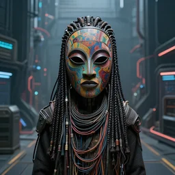 hyper realistic portrait of an intricately detailed african masked cyborg with lots of thick long braids and electrical cables standing in the middle of a broad cyberpunk background with 2 0 % wide margins all round, perfect face, fine details, colorful patterns, studio lighting, subtle shadows, art by tim okamura and karol bak, canon eos r 3, f / 1. 4, iso 2 0 0, 1 / 1 6 0 s, medium shot, 8 k, raw, unedited, in - frame