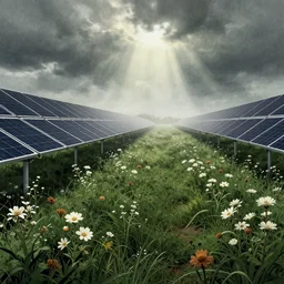 editorial illustration by karolis strautniekas and mads berg, portrait of field solar panels flowers growing between, low fog, fine texture, detailed, ( ( dark green, white, brown ) ), muted colors, dramatic lighting, dynamic composition, vivid, matte print, wide angle, ( ( sunbeams ) ), moody