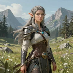 A fantasy comic book roleplaying game style portrait painting of Maika Monroe as a grey elf in a mountain meadow sanctuary, DAZ, hyperrealistic, ambient light, dynamic light