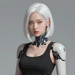 portrait of a female cyborg by greg rutkowski, she is about 3 0 years old, korean, pale, white bob hair, she is wearing a black tank top, highly detailed portrait, digital painting, artstation, concept art, smooth, sharp foccus ilustration, artstation hq