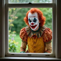 looking at a scary clown in the garden from the window, highly detailed, 8 k, hdr, smooth, sharp focus, high resolution, award - winning photo
