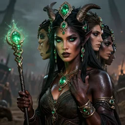epic masterpiece portrait of a dark  sorceress with a magic wand, on the battlefield,  tribe makeup and jewelry, sweaty skin, hyperrealistic, octane render, cinematic, followed by heads with many faces, beautiful face and flawless skin, perfect hands, emeralds by Edgar Maxence and Ross Tran and Michael Whelan, Legends of Runeterra