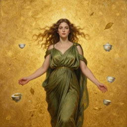 epic painting, full figure portrait of beautiful goddess wearing olive dress with flying tea and teacups, drawing, photography by amy leibowitz, wlop, jeremy lipkin, beeple, intricate golden fractals, team leaves flying in the sky, symmetrical front portrait, artgerm, golden glowing background