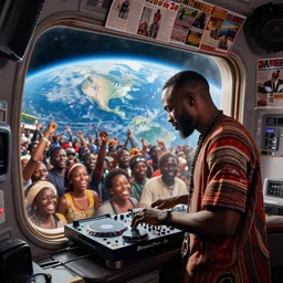 a Tribal African man DJing for a happy crowd on a spaceship, planet earth seen outside spaceship window, magazine collage,