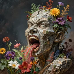the broken face of psychosis with destructive rage, made of stone and wood, is vomiting multicolored herbs and flowers, conceptual surreal magic realis conceptual art,